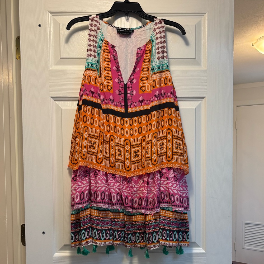 HEMANT & NANDITA Orange and Pink Embellished Tiered Mini Sundress 100% Silk - Picture 2 of 10